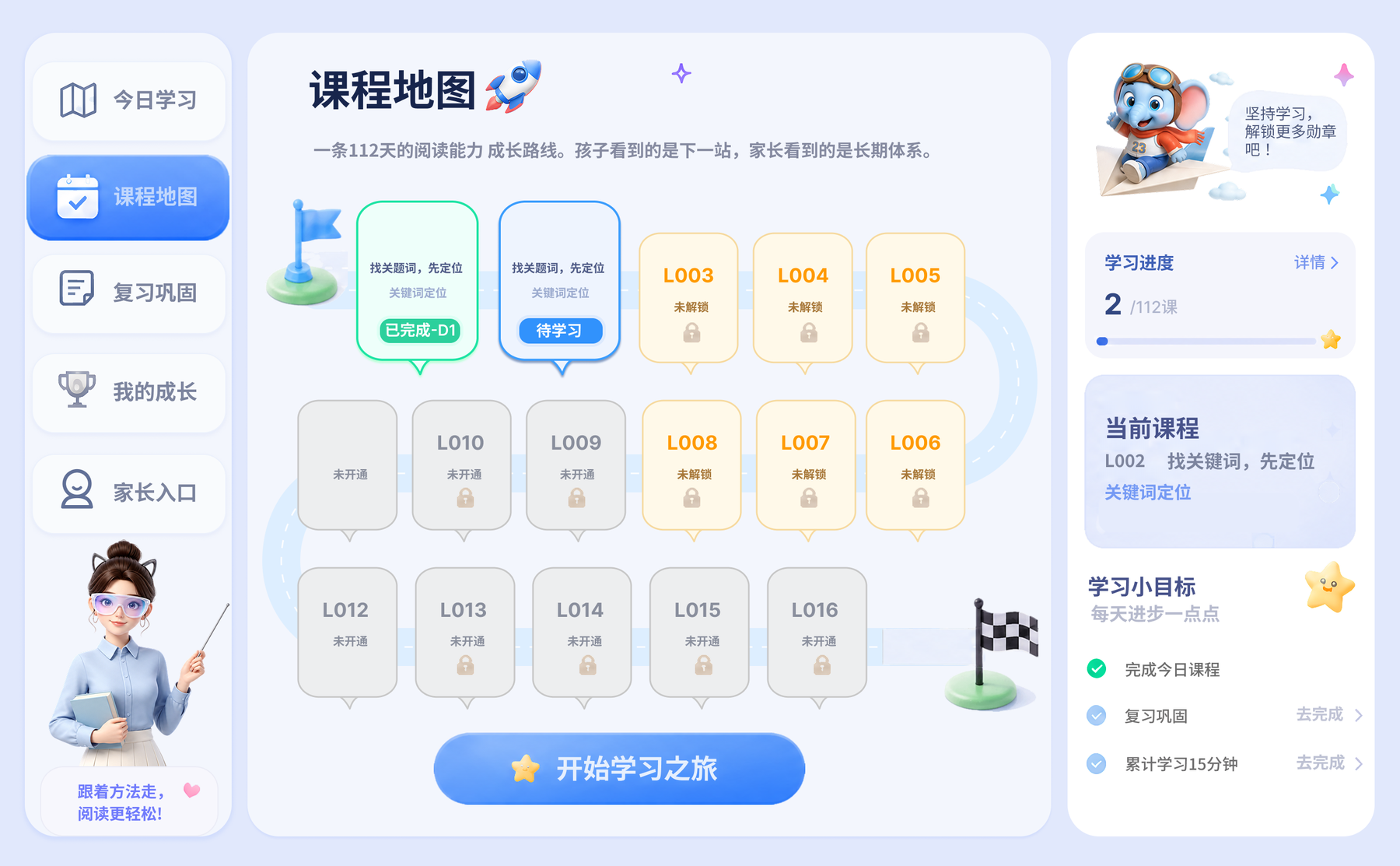 大象阅读课程地图界面，展示阶段课程和学习路线